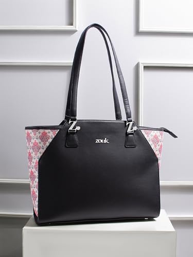 Image of ZOUK Printed Jute Handcrafted Vegan Leather Black Women's Check-point Friendly Classic Business Bag