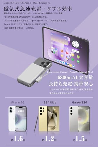 明誠 モバイルバッテリー MagSafe対応 6800mAh 軽量 小型 薄型 15Wワイヤレス出力 PD20W急速充電 USB-C充電ケーブル・ストラップ付き Type-C入出力ポート 2台同時充電 マグセーフ充電器 LED残量表示 PSE認証済み ワイヤレス充電器 マグネット式バッテリー iPhone 17/16/15/14/13/12/iPad/Android多機種対応（ホワイト）