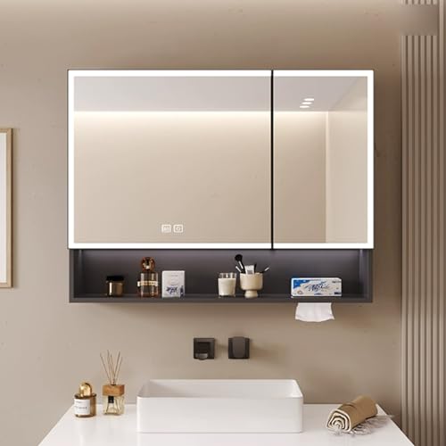 Lustro łazienkowe LED z szafką na leki, przeciwmgielne, bezstopniowe ściemnianie, inteligentny przełącznik dotykowy, ekstrakcja papieru, 70 x 13 x 70 cm, szare wykończenie