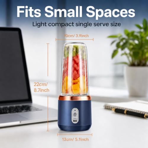 Image of Portable Juicer Blender Makes Smoothies and Fresh Juices Easy with a Mini Mixer Design and On /Off Safety Sensor for Daily Use (Dark Blue)