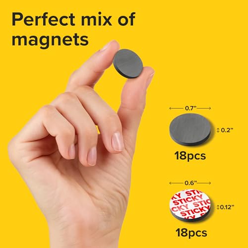 Image of Ultra-Strong Ceramic Round Magnets with Adhesive Backing (2 Sizes Mix, 36 pcs) - Heavy Duty Sticky Magnets, Non-Corrosive, Versatile for Home, Office, Workshop, Whiteboard, Fridge and Hobby Use