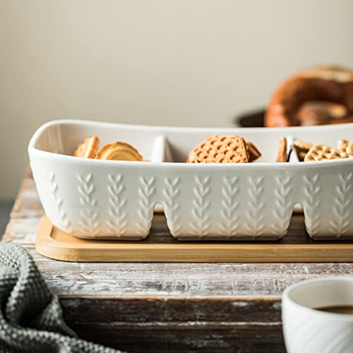 Chip and Dip Serving Set with Acacia Wood Serving Tray Porcelain Divided Platters Condiment Set Perfect for Snack Appetizer, Charcuterie, Food, Large, 11-inches Christmas Serving Trays and Platters - Thumbnail 4