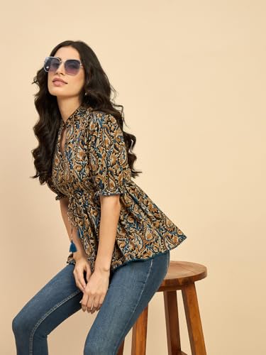 Image of Azira Cotton Printed Mandarin Collar | Blue Color | Casual Top | Woman Top| Tops for Woman | Stylish Summer Wear