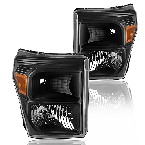 SOCKIR Headlight Assembly Compatible with 2011-2016 Ford F-250 F-350 F-450 F-550 Super Duty Passenger and Driver Side (Black Housing with Amber Reflector)