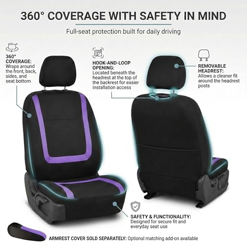 Image of FH Group Car Seat Covers Full Set Cloth - Universal Fit Automotive Seat Covers, Low Back Front Seat Covers, Solid Back Seat Cover, Washable Car Seat Cover for SUV, Sedan and Van Purple