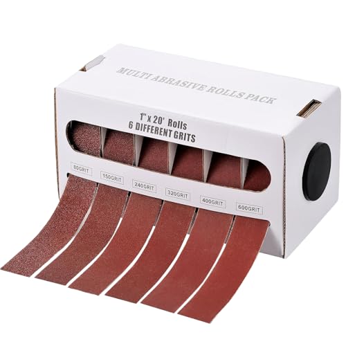 6 Rollen Schleifpapier Rolle 25mm x 6m, Schmirgelleinen Schleifpapier Set mit 6 Körnungen 80/150/240/320/400/600, Schleifpapierrollen im Spender für Holz Metall Möbel Polieren