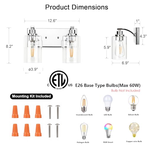 Image of 2-Light Bathroom Light Fixtures Modern Chrome Vanity Lights | Easy to Install Clear Glass Shades, Wall Mount Up or Down, E26 Socket, Hardwired, 125V