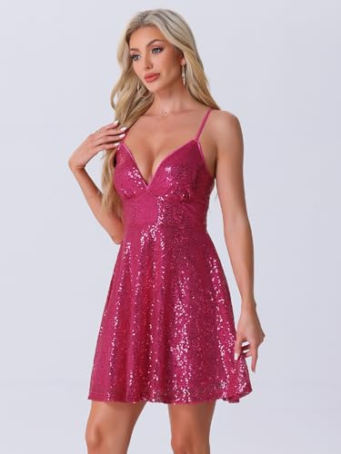 Image of Allegra K Glitter Sequin Dresses for Women's Spaghetti Strap Tie Back Backless Mini Party Dress Clubwear