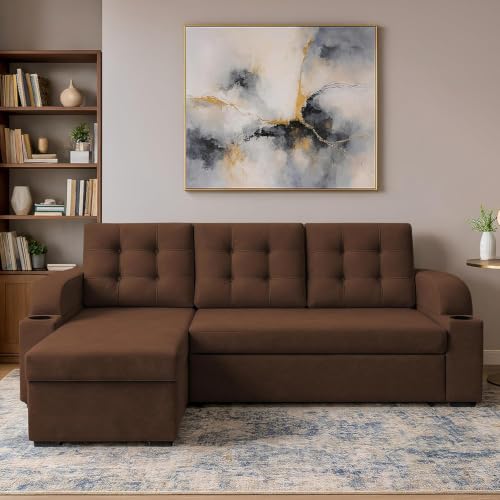 Image of Casaliving Grance LHS 4 Seater Corner Sofa Cum Bed for Living Room (Brown Fabric) Premium Fabric Sofa Set