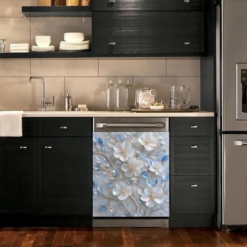 Image of BVBOX Dishwasher Magnet Cover 23 inchx26 inch, Reusable Magnetic Refrigerator Covers, Decorative Magnets Cover Fridge Door Skin Panel Stickers for Home Kitchen Appliance (Small White Flowers, 23 inchx26 inch)