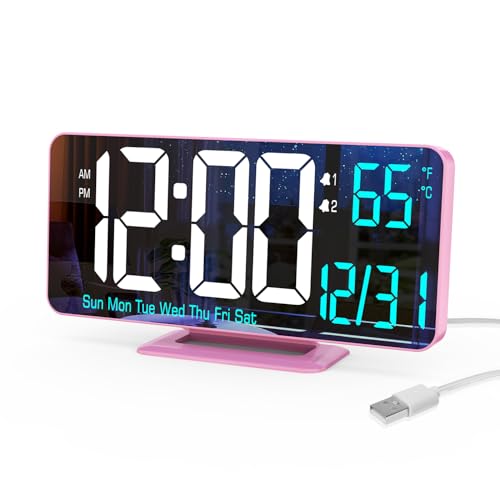 Image of Pink Digital Clock for Bedroom 6.7in Dual Alarm Clock with Dimming, 12 /24h, Seconds, Date, Day of Week, Temp, Desk Clock, LED Clock for Table Decor, Digital Calendar Table Clocks for Bedrooms KOSUMOSU