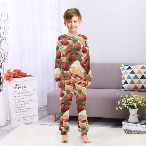 Sweet Strawberry Cake Pattern Soft Pajama Set for All Seasons,Breathable Pjs Long Sleeve Sleepwear,Comfy Loungewear 2 Piece Underwear Set 5T4