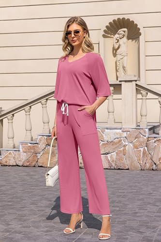 Image of difficort Outfits for Women 2025 Raglan Short Sleeve Lounge Sets Wide Leg Knit Loungewear with Pockets,Dark Pink,Large