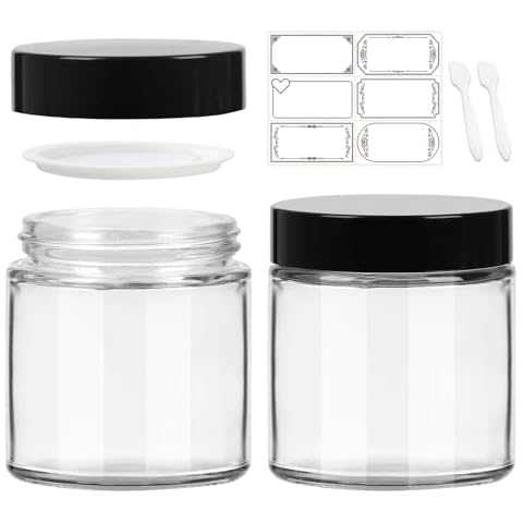 4 oz Clear Round Glass Jars, Pack of 2 with Black Lids, Cosmetics Containers for Face Cream Lotion, Powder, Candle, Spice, Body Butter Cover