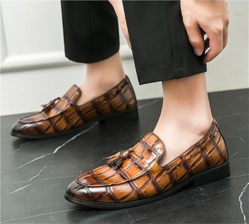 Loafers for Men Pointed Burnished Toe with Tassel Block Pattern Boat Shoes Slip Resistant Flexible Lightweight Outdoor Fashion Slip-on2