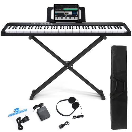 88 Key Digital Piano, Semi Weighted Electronic Keyboard Piano with Music Stand, Power Supply, Sustain Pedal, Stand, Bluetooth, Carrying Case, Headphones, USB-MIDI, Piano Lessons for Beginners