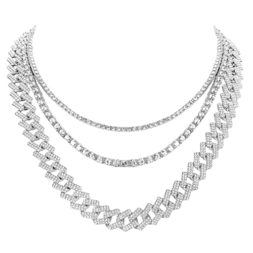 HH BLING EMPIRE Gold Silver Chain Necklace for Men Women Iced Out Diamond Tennis and Cuban Link Chain Necklaces Hip Hop Jewelry Sets 3Pc 18/20/24 Inch