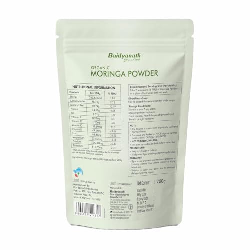 Image of Baidyanath Ayurved Certified Organic Moringa Powder 200 gm | Pure Moringa (Drum Stick) Powder | Green Superfood for Energy, Immunity & Daily Wellness | Plant-Based Herbal Nutrition Supplement (Pack of 2)