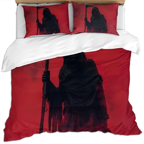 BAFABUI Red Messy Rust California King Comforter Cover, Modern Grunge Art Bedding Set with 2 Pillow Shams, Abstract Black Bedspread Cover, Death Fear Duvet Cover Set for All Seasons
