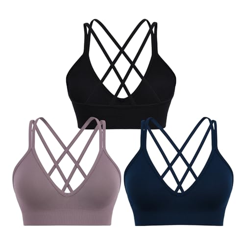 Image of Sports Bra for Women V-Neck Strappy Criss Cross Yoga Bra Padded Medium Support Workout Gym Athletic Fitness Bras 3 Pack