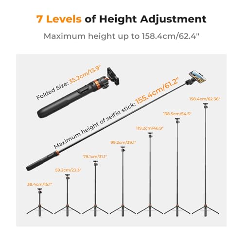 Image of K&F CONCEPT MS08 62'' Phone Selfie Stick Tripod, 2-in-1 Extendable Cell Phone Tripod Stand with Remote, 360 Ball Head Camera Tripod Compatible with DJI Osmo Pocket 4 /3 GoPro 13 /12 iPhone17.