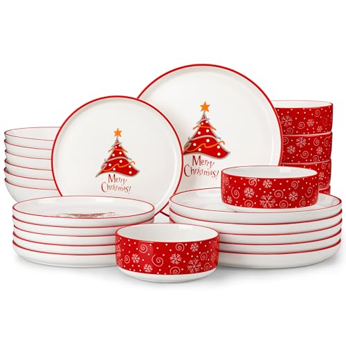 MALACASA Weihnachtsgeschirr 6 Personen 24-teiliges Porzellan Weihnachten Geschirr mikrowellen- und spülmaschinengeeignet mit 6 Speisetellern 6 Desserttellern 6 Müslischalen und 6 Suppentellern