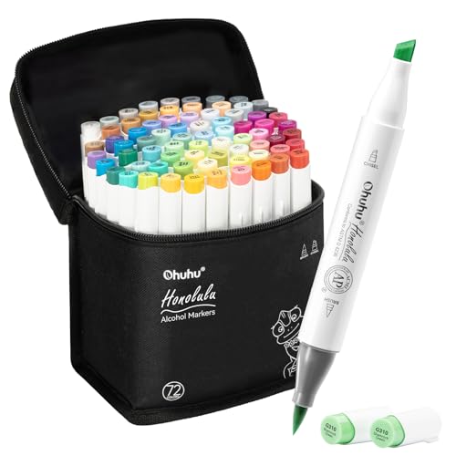 Image of Ohuhu Alcohol Markers Brush Tip - Double Tipped Art Marker Set for Artist Illustration - 72 Colors - Chisel & Brush Dual Tips - Honolulu - Refillable, Multi-Coloured