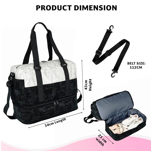 Image of Storite Polyester Duffle Bag with Shoe Compartment, Black /White, 34x23x43cm | Water Resistant, Lightweight, Large Capacity, Spacious Storage, Travel, Gym, Sports, Weekend Trips
