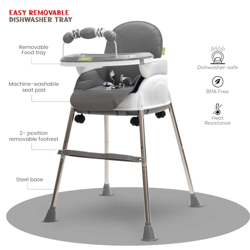 Image of BAYBEE 4 in 1 Convertible High Chair with Adjustable Height and Footrest,Baby Toddler Feeding Booster Seat with Tray,Wheels,Safety Belt and Cushion,for Boys & Girls 6 Months to 3 Yrs (Nora Grey)