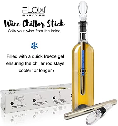 FLOW Barware Wine Cooler | 3-in-1 Wine Cooler Stick with Aerator & Drip Free Pourer | Stainless Steel Wine Chilling Rod | Rapid Wine Chilling Rod with Pourer | Single Bottle Wine Cooler