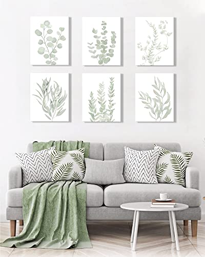 Botanical Eucalyptus Canvas Framed Wall Art | Boho Plant Wall Decor For Bedroom | Light Green Botanical Art Painting For Bathroom | Eucalyptus Leaf Picture | Set Of 12 | 8”X 10” #TOP3