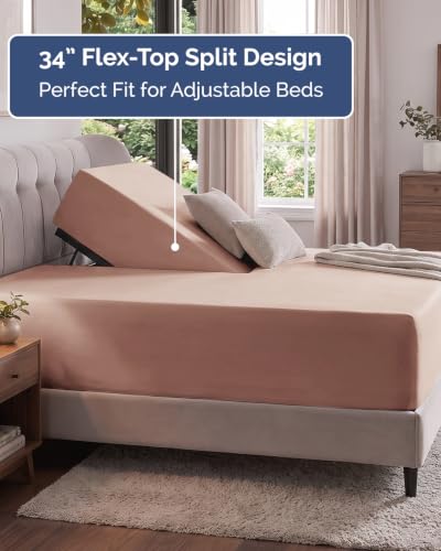 Image of Extra Deep Flex Top Split Head King Fitted Sheet - Hotel Luxury Single Fitted Sheet Only - Easily Fits 18 inch to 24 inch Mattress - Ultra Soft, Wrinkle Free w /Extra Deep Pockets - Mauve