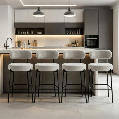 Image of Bar Stools, 30 inch Tall Bar Stools Set of 4, Boucle Upholstered Counter Height Bar Stools, Modern Bar Chairs Metal Frame with Back and Footrest for Kitchen Island,Gray Barstools
