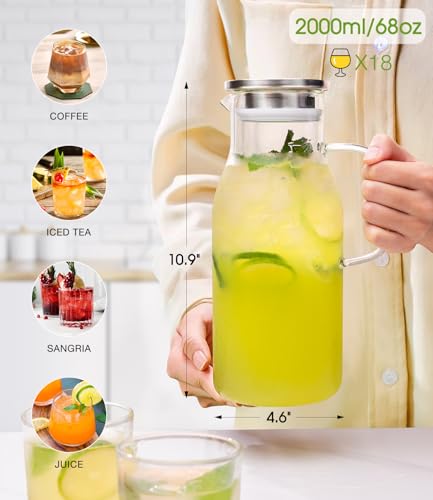 LUNA&MANTHA Glass Pitcher, 2 Liter 68oz Water Pitcher with Lid and Spout, Large Ice Tea Jug for Fridge, Thick Drink Jug with Handle for Juice, Coffee, Borosilicate Glass Carafe Hot/Cold Beverage