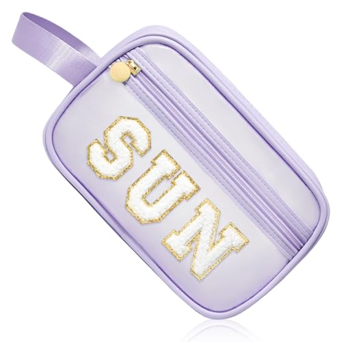 Image of COSHAYSOO Clear Sunscreen Bag Makeup Toiletries Pouch Beach Vacation Essentials Summer Travel Stuff Accessories Personalized Graduation Gifts for Her Women College Teen Girls Teacher Nurse Purple SUN