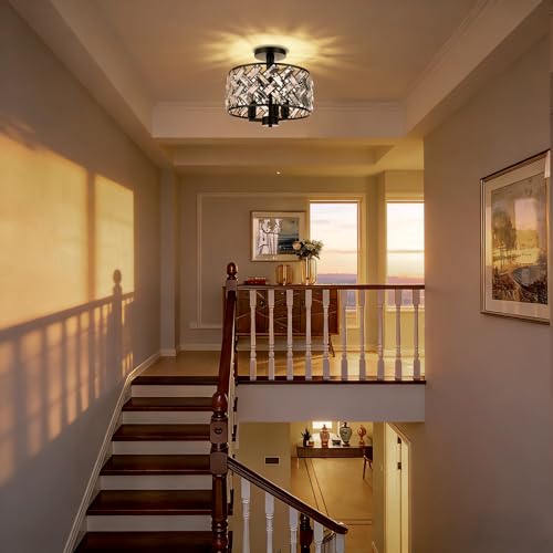 Image of FRIDEKO HOME Black Crystal Ceiling Light - 3-Light Light Fixture Ceiling Mount Semi Flush Mount Ceiling Lights for Kitchen Bedroom Hallway Living Room Dining Room（3 Light-Black）