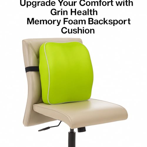 Image of Grin Health Back Support for Office Chair, Memory Foam Orthopedic Back Rest Cushion for Car, Back Pain Relief, Ideal Cushion for Spine Alignment and Posture Correction, Green