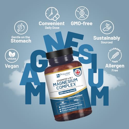 Magnesiumglycinat-Komplex 4 in 1 – 1866 mg pro Portion | Präzise Dosis von 404 mg elementarem Magnesium | Mit Magnesiumglycinat, citrat, malat und -taurat | 90 vegane Kapseln – von Prowise