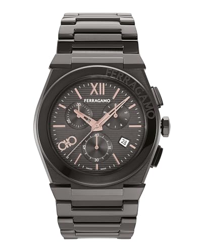 Ferragamo Vega Chrono Collection Luxury Mens Watch Timepieces with a Grey Bracelet and Dial Featuring a Gun Case