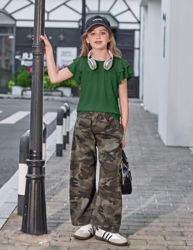 Image of Arshiner Girls T Shirts Ruffle Short Sleeve Summer Pleated Crewneck Casual Tops Tees Blouses