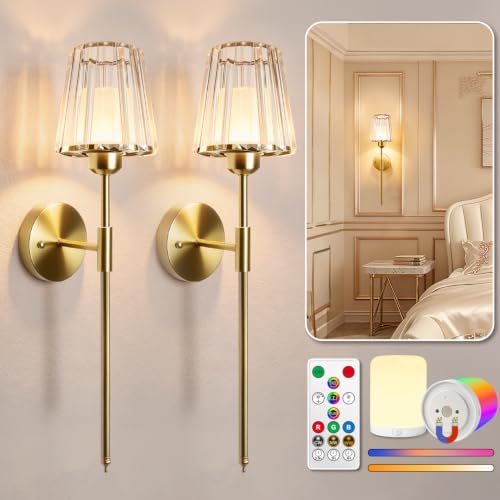 Image of Adetu 23 Inch Crystal Battery Operated Wall Sconce Set of 2 | Gold Rechargeable Wall Sconce with 10000mAh Magnetic Bulbs, RGB Dimmable Wireless Battery Wall Lights for Bedroom Living Room