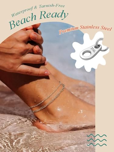 Image of FaithHeart Waterproof Ankle Bracelets for Women, 1 /2 /3Pcs Non Tarnish Stainless Steel Layered Anklet Set Paperclip Figaro Cuban Link Chain Dainty Summer Beach Jewelry Gift Adjustable Size