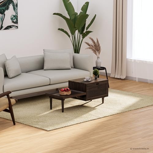 Image of KOVA Solid Sheesham Wood Coffee Table & Centre Table for Living Room with Lift-Down Shutter Storage and Open Side Tray (Wavy, Walnut Finish)