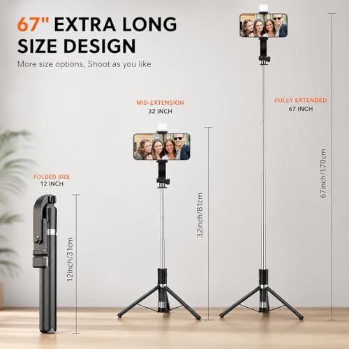 Image of Gismo LED Selfie Stick with Bluetooth Remote, Extendable Phone Holder, 360 Rotating Mount, Foldable Vlogging Accessory for iPhone & Android, Travel, Reels, Live Streaming, Photography- Black