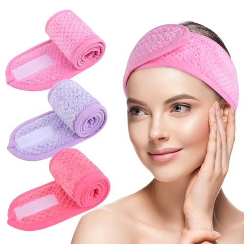 KinHwa Microfibre Bandeau Cheveux Femme Maquillage，scratch cheveux Spa lavable pour Soin Visage,Réglable Headband avec Magic Tape Élastique pour le bain, démaquillage et sport, rose, violet clair