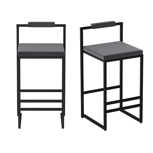 Butaco Tapizado de Terciopelo KT Rolster Juego de 2, Altura de Barra con Asiento Gris y Patas Metálicas Negras, Cojín Suave, Reposapiés y Respaldo para Isla de Cocina y Comedor miniatura 7