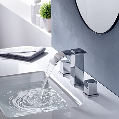 Mr. Faucet 3 Hole Widespread Bathroom Vanity Sink Faucets, 2 Handle Restroom/Bathtub Waterfall Faucet With Stainless Steel Pop-Up Drain Assembly, Brass Chrome #TOP3