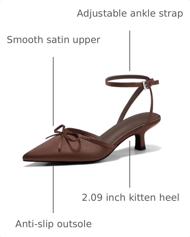 Image of Coutgo Satin Kitten Low Heels with Bow Closed Pointed Toe Short Pumps Dress Wedding Party Shoes