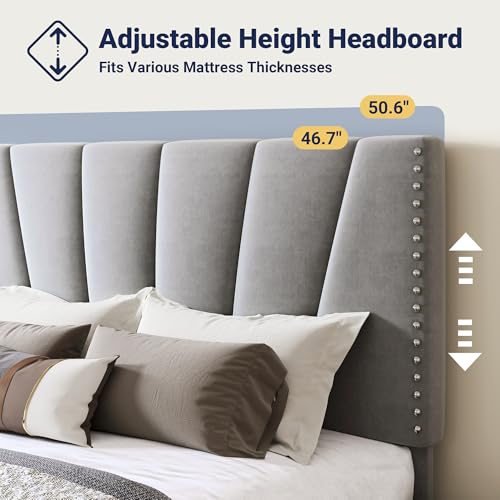 Image of Allewie King Size Velvet Platform Bed Frame with Adjustable Headboard, Grey | Height-Adjustable Velvet Headboard, Rivet-Style Nailhead Trim, Wooden Slat Support, No Box Spring Needed, Easy Assembly