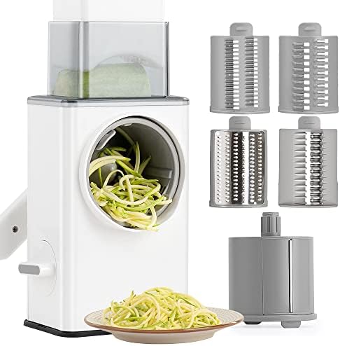 Rotary Cheese Grater Kitchen Shredder with Enlarge Veggie Entrance Round Vegetable Mandoline Slicer Grater for Nuts, Vegetable, Chocolate, Chesse - 5 Stainless Steel Blades